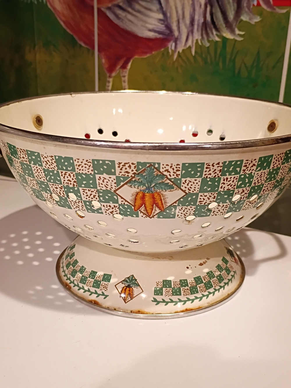 Vintage  White Enamel Colander with Green Check Pattern And Carrots